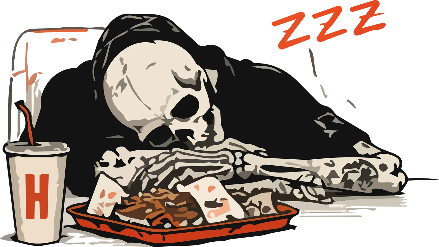 Esqueleto de Hells Burger dormido sobre una bandeja de comida